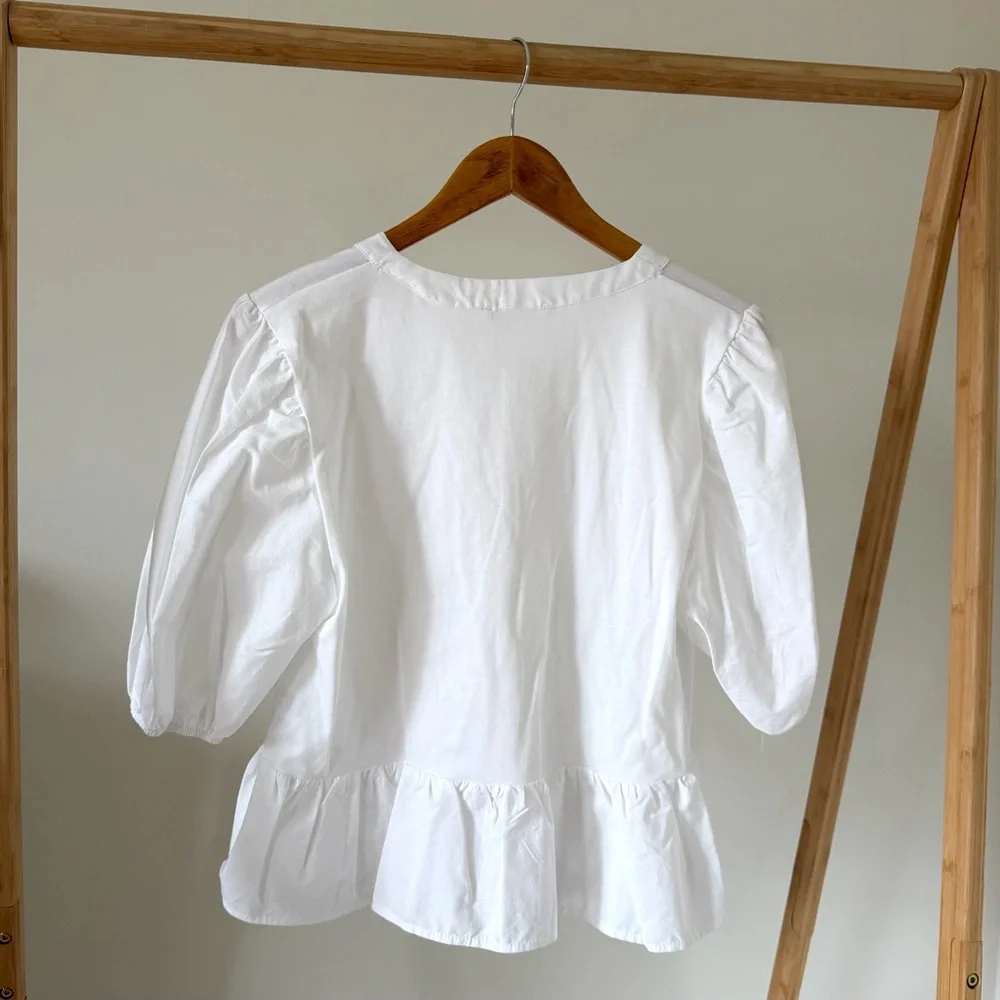 Zara White Peplum Tie-Front Puff Sleeve Blouse